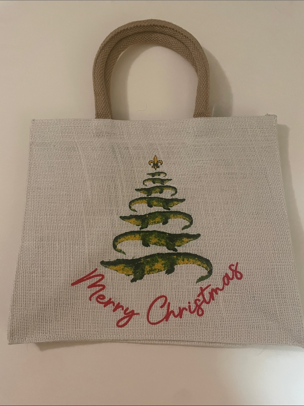 Linen/canvas Holiday Tote with Green Gator Tree Print and Tan Handles
